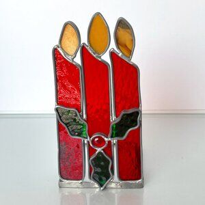 Stained Glass Holiday Candle Shaped Tealight Holder Red and Green